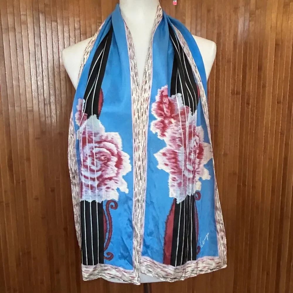 Vintage Kenzo Paris Silk Scarf Blue Rose Floral